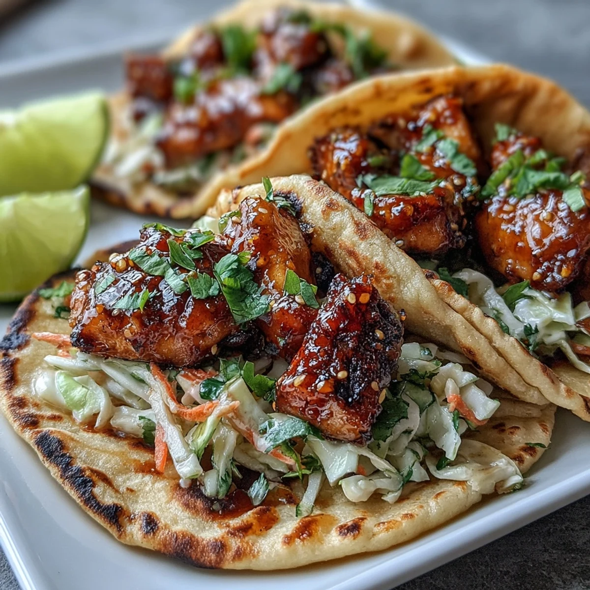 Golden-brown honey garlic chicken nestled in warm, pillowy naan, topped with a vibrant, creamy slaw for a fusion taco night.