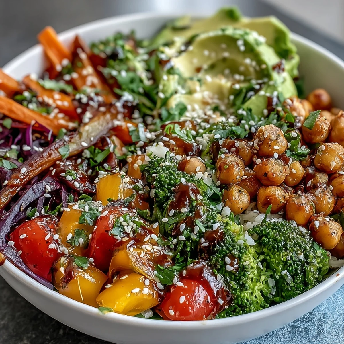 Rainbow Veggie Buddha Bowl with Sesame Ginger Dressing features vibrant veggies and avocado over fluffy brown rice, ready to drizzle with homemade sauce.