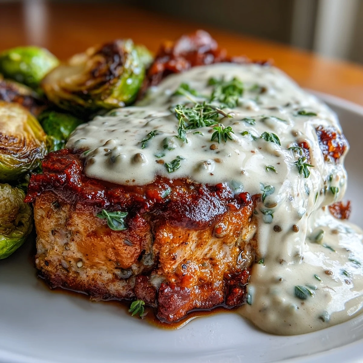 Sizzling pork chops coated in rich, creamy Dijon sauce with charred Brussels sprouts on the side.