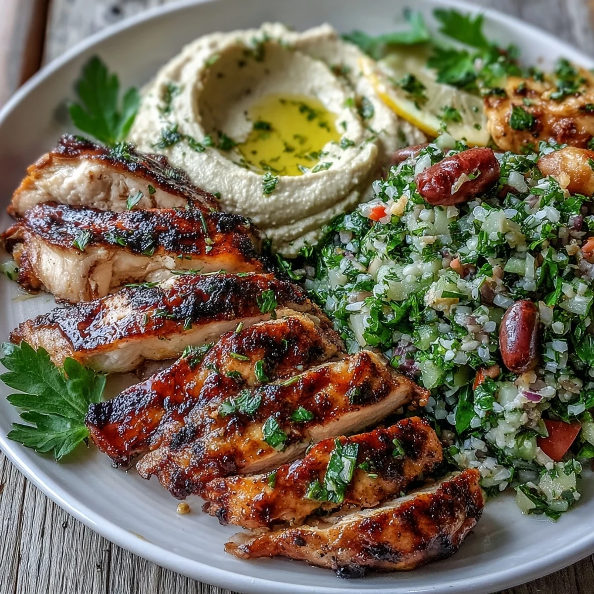 Sliced Mediterranean Grilled Chicken with Hummus and Tabbouleh garnished with fresh parsley and lemon wedges.