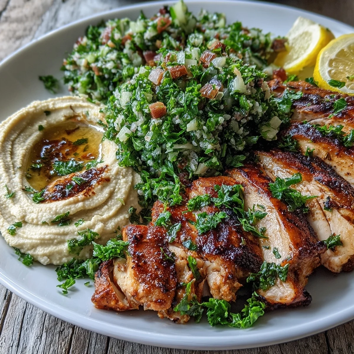 Golden grilled chicken thighs served with Mediterranean Grilled Chicken with Hummus and Tabbouleh.