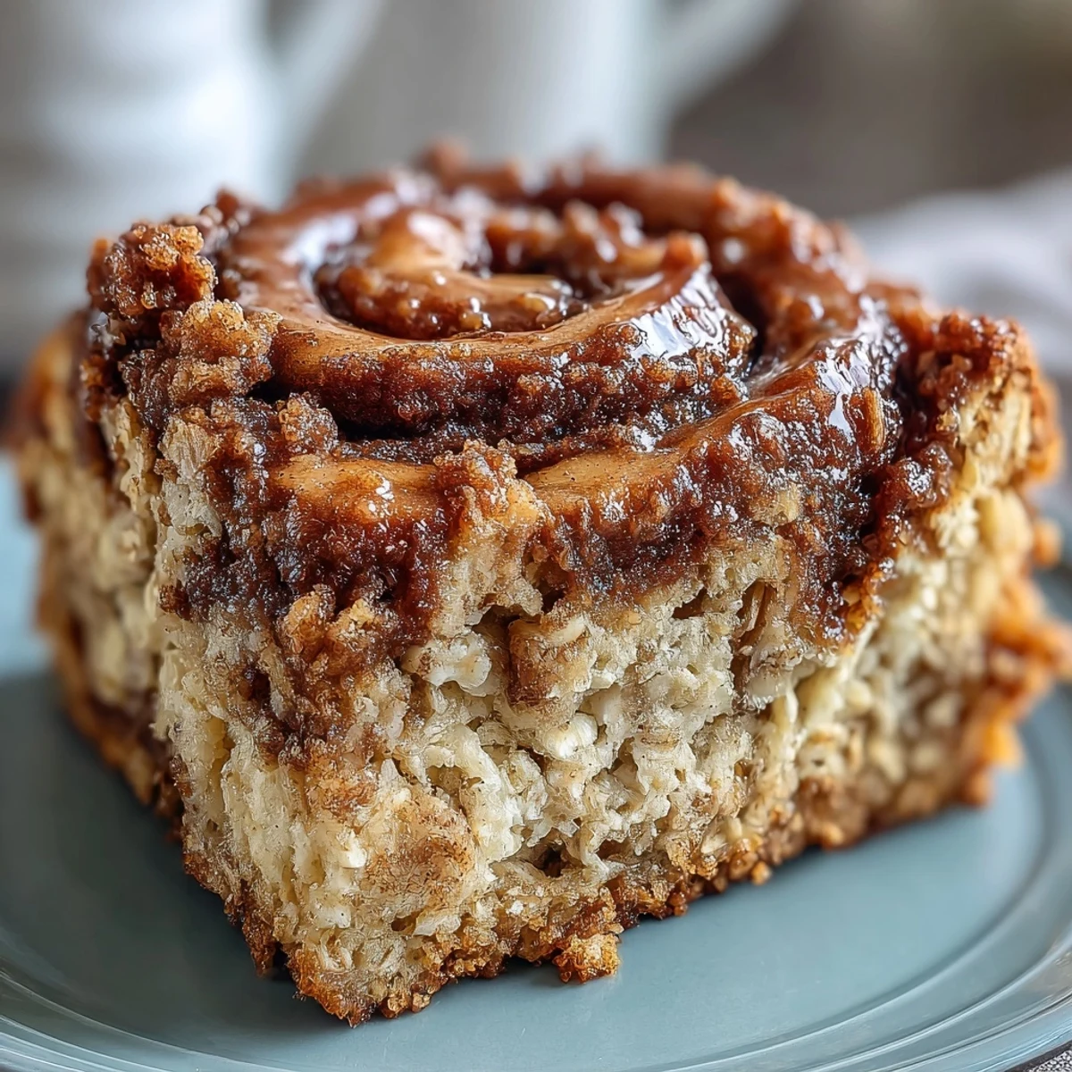 A warm slice of High-Protein Cinnamon Swirl Coffee Cake Oats served with a dollop of Greek yogurt.