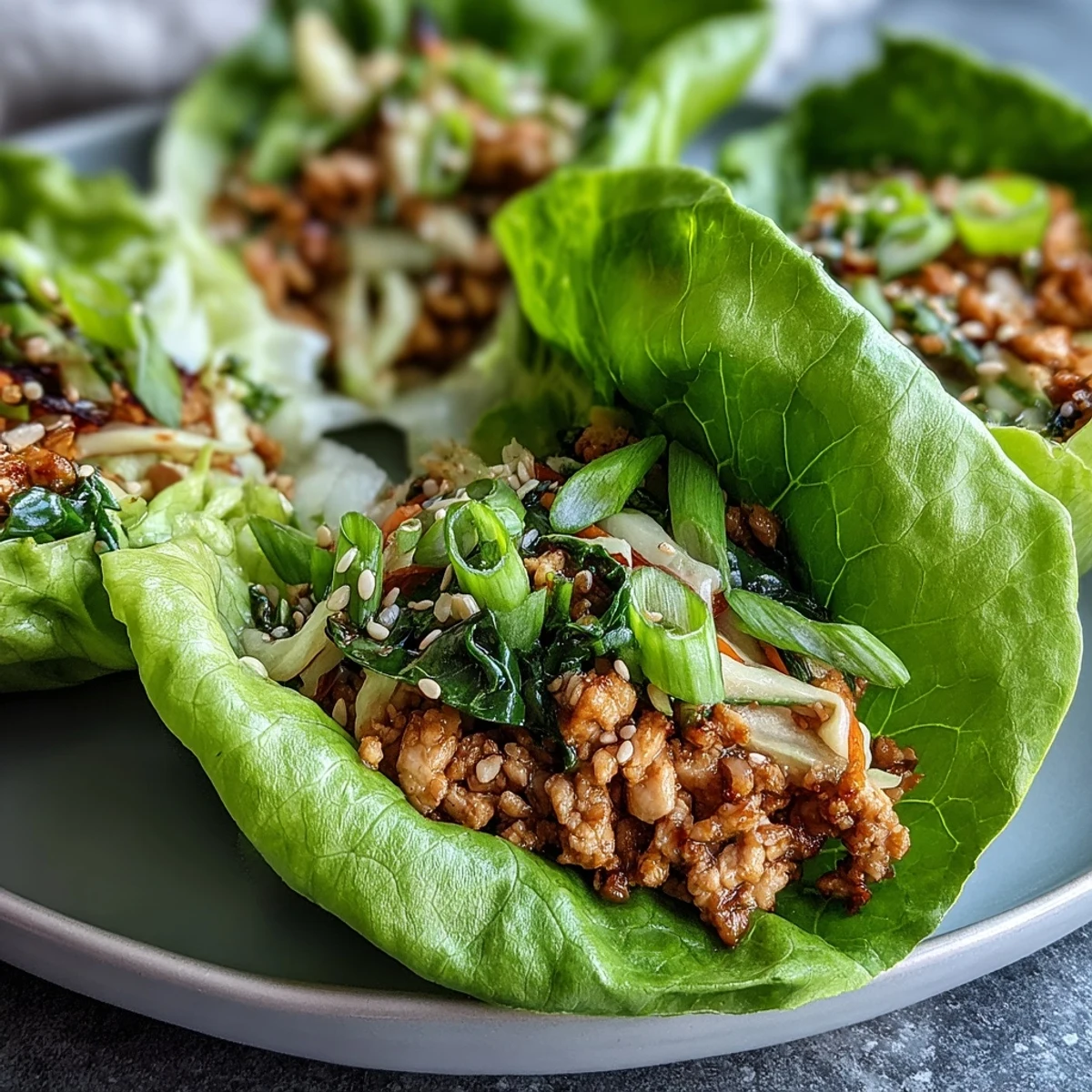Potsticker-Inspired Chicken Lettuce Boats filled with savory chicken, carrots, and cabbage, garnished with sesame seeds and green onions.