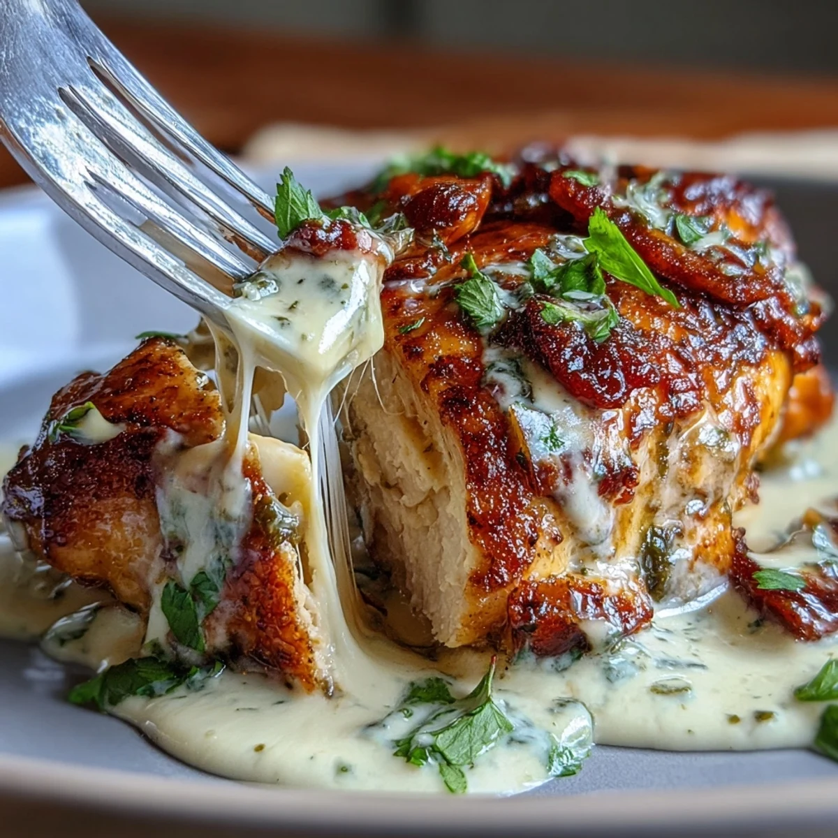 Creamy poblano chicken with roasted cauliflower, topped with melted Monterey Jack cheese in a smoky, rich sauce.