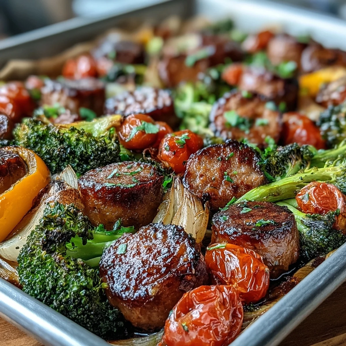 Vibrant one-pan meal featuring tender chicken sausage and mixed vegetables, seasoned with smoked paprika and oregano, roasted to golden perfection.  