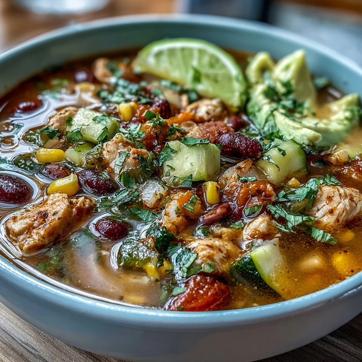 Hearty chicken taco soup packed with colorful bell peppers, zucchini, and beans for a protein-rich, healthy meal.  