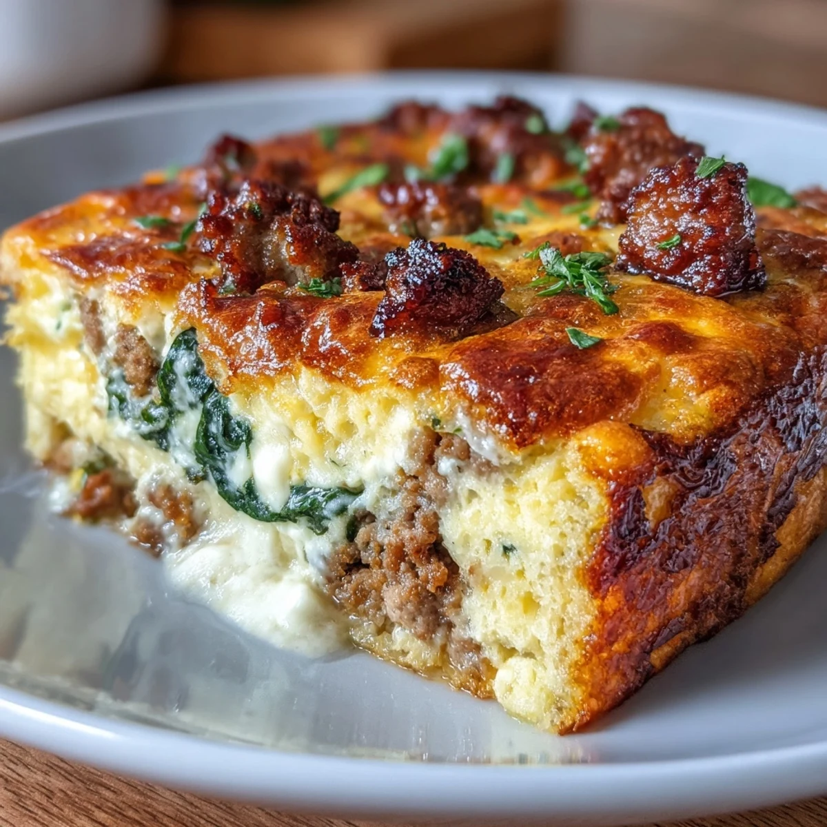 Fluffy egg bake loaded with spinach, cheddar cheese, and seasoned sausage for a low-carb morning meal.  