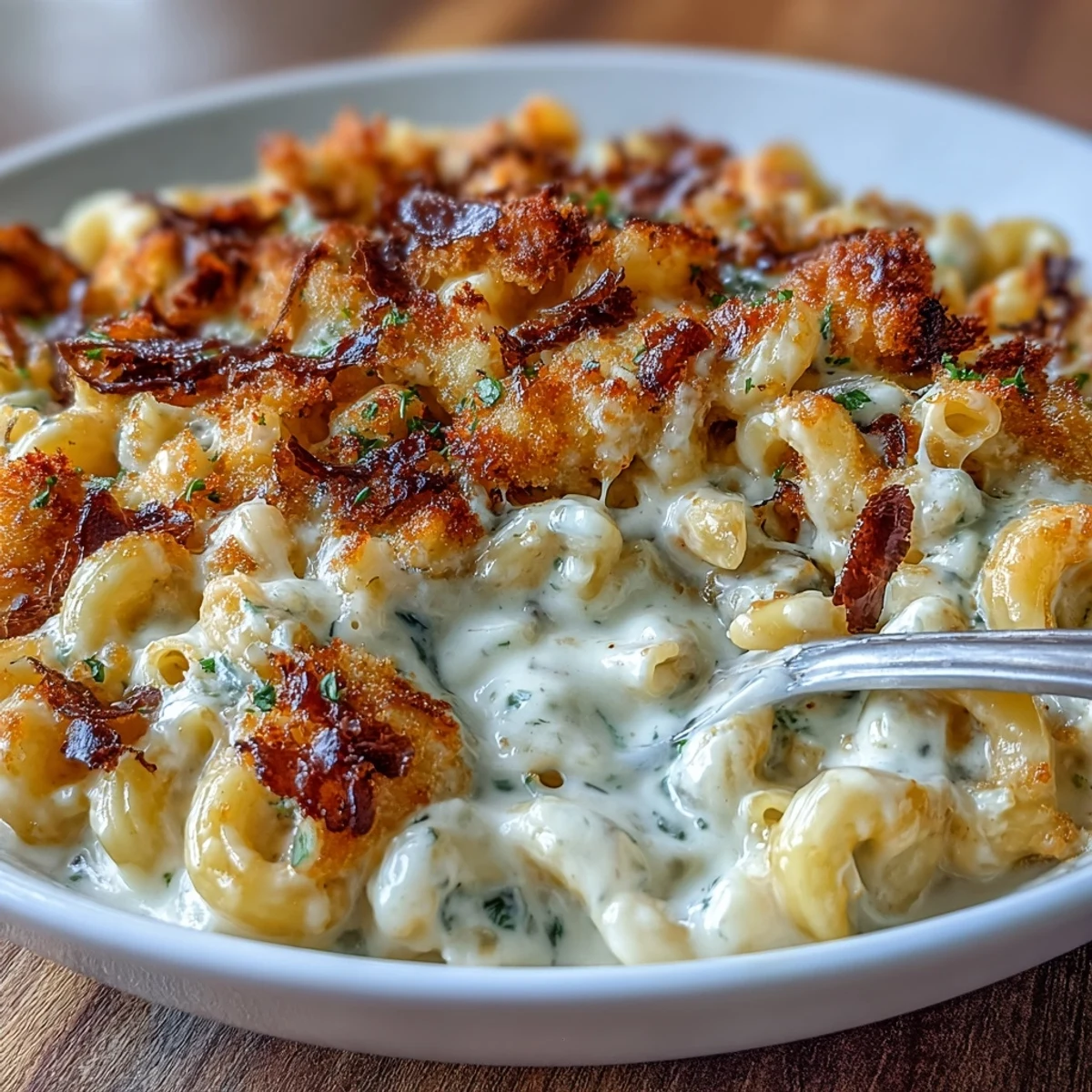 Creamy four-cheese macaroni baked to perfection, finished with rich truffle oil drizzle and delicate black truffle shavings.