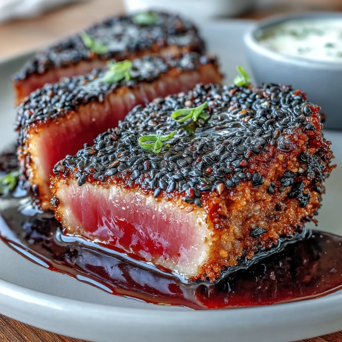 Crispy black sesame seed crust encases tender tuna steak, sliced and paired with zesty wasabi mayonnaise for a striking seafood entrée.  