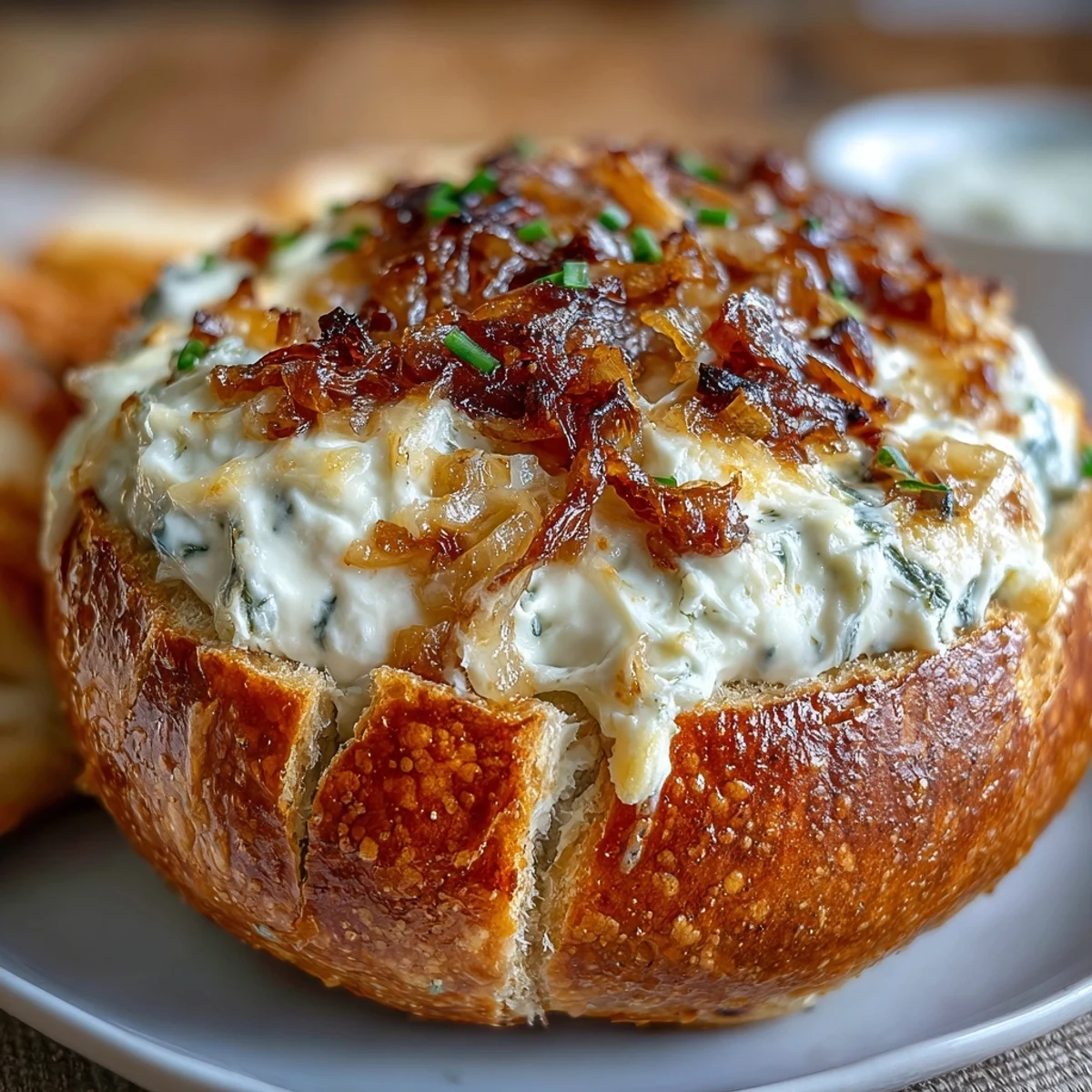 A hearty sourdough bread bowl filled with tangy onion dip, surrounded by toasted bread cubes and fresh veggies.