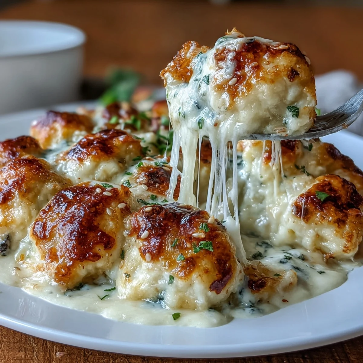 Savory Trader Joes dumplings baked in a rich cream sauce topped with bubbling mozzarella and cheddar.  