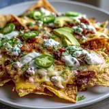 Football party platter featuring Soccer Game Day Nachos with Cheese Sauce, loaded with fresh veggies and zesty toppings.  