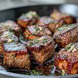 Tender sirloin cubes tossed in garlic butter and herbs, served hot for a satisfying summer meal.  
