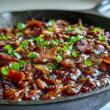 Deeply flavorful molasses baked beans with crispy bacon, perfect for any American gathering.