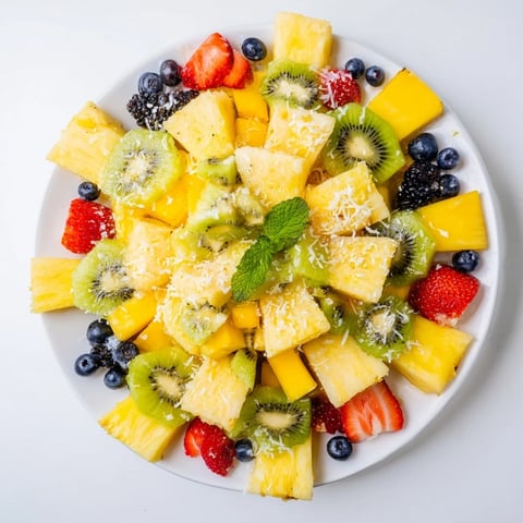Vibrant tropical pineapple sun fruit platter, showcasing juicy pineapple wedges with colorful kiwi and mango.
