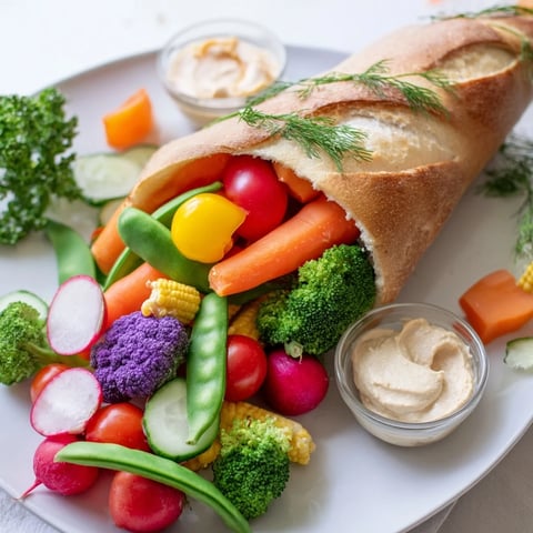 Vibrant Cornucopia Veggie Board bursting with colorful fresh vegetables alongside creamy ranch and hummus dips.