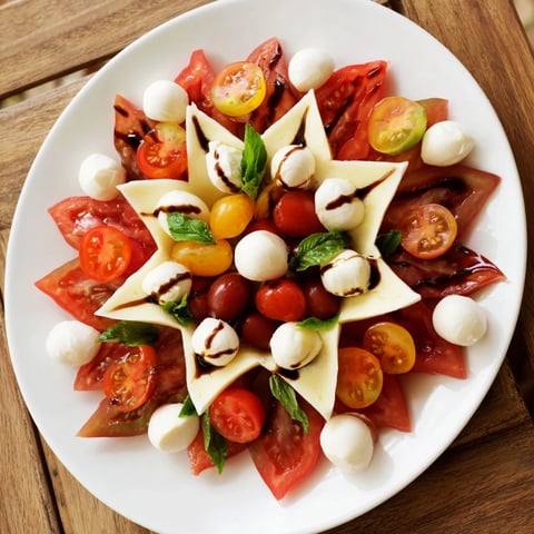 Imagine vibrant Starfish Caprese Salad: sliced tomatoes, creamy mozzarella, and fragrant basil, ready to enjoy.