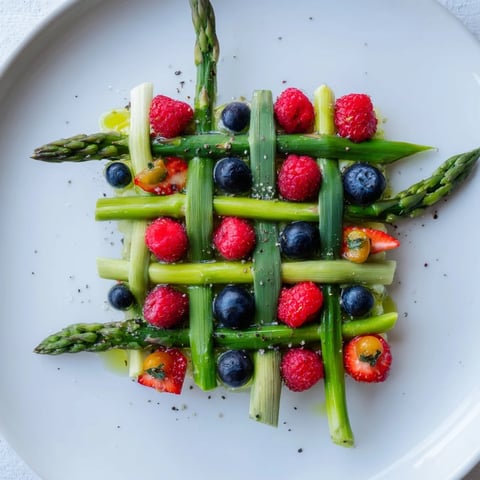 Gorgeous The Botanical Lattice appetizer: a vibrant asparagus and fruit lattice ready to serve.
