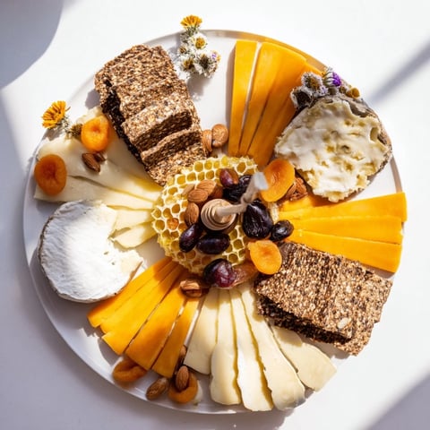 A beautiful Gilded Hive cheese board displays hexagon cheeses and crackers alongside honeycomb and fruit.