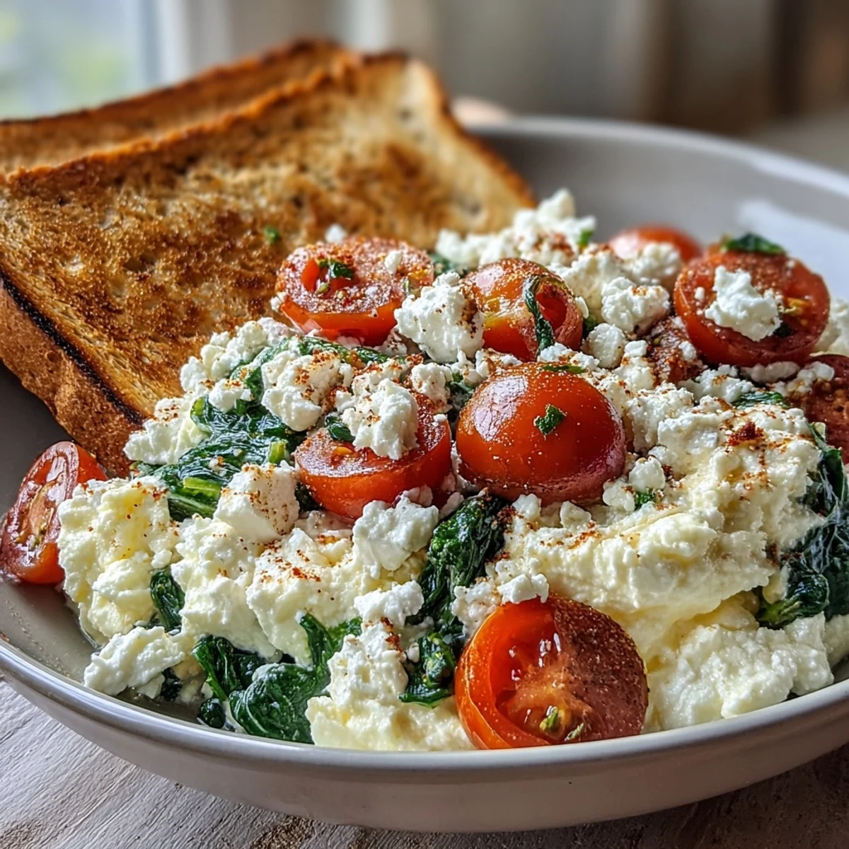 Fried and sautéed Spinach and Feta Breakfast Bowl topped with creamy scrambled eggs and bright red cherry tomatoes.