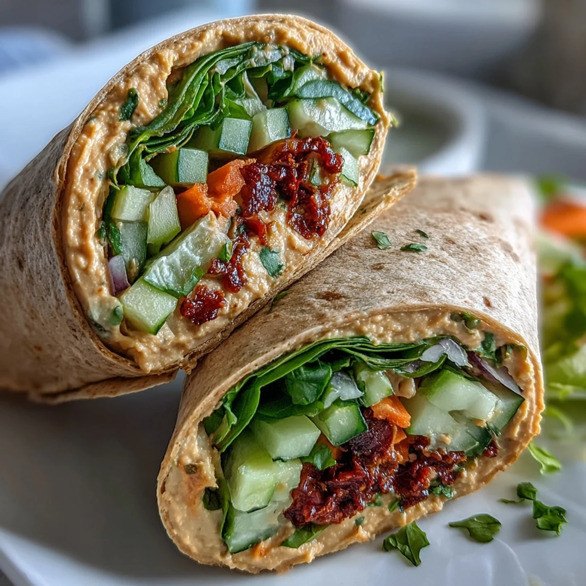 Two vibrant Vegan Sun-Dried Tomato Hummus Veggie Wraps sliced on a wooden board to reveal layers of colorful vegetables.