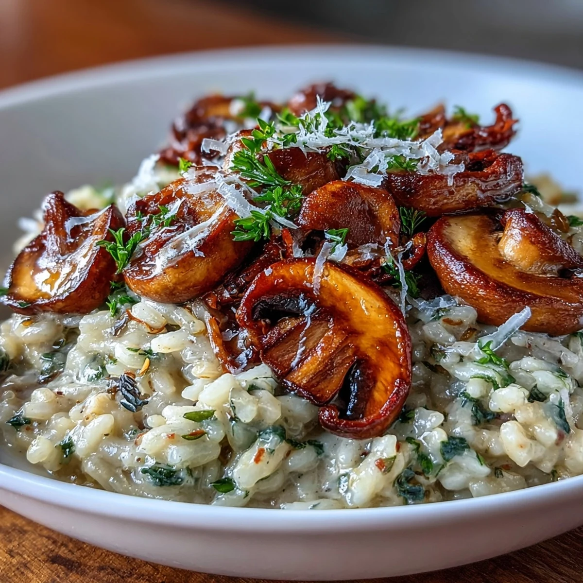 Creamy wild mushroom risotto with truffle oil, showcasing tender Arborio rice and earthy mushrooms in a rich, aromatic dish.