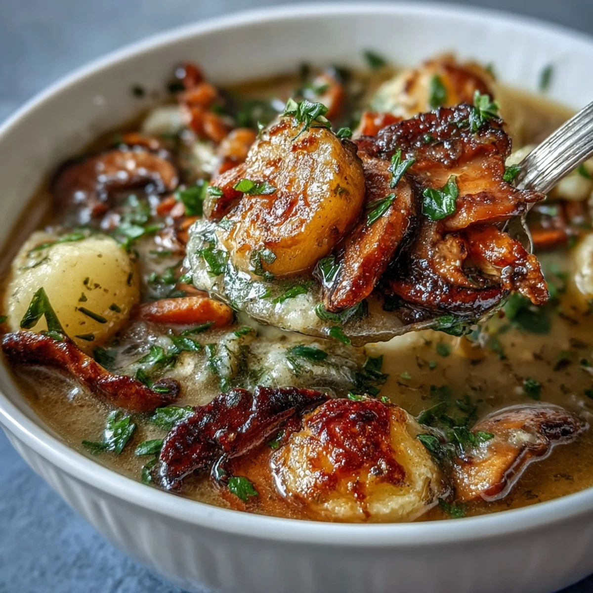 A hearty vegan Irish stew with savory mushroom meat, tender root vegetables, and rich broth in a rustic bowl.