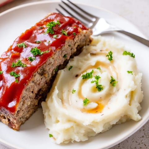 Close-up of moist, sliced classic meatloaf served hot with creamy mashed potatoes.