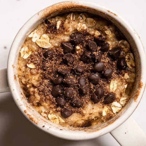 Easy oatmeal chocolate chip mug cookie: comforting, sweet, and steamy in a white mug.