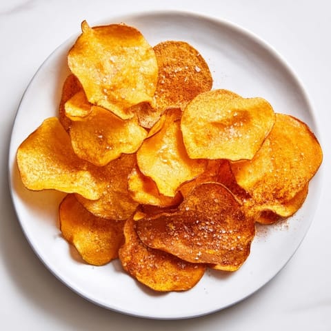 Golden brown air fryer sweet potato chips garnished with sea salt and spices.  