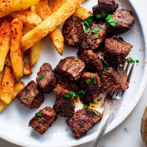 Tender Cajun steak bites, seared and served hot with golden, crispy fries.  