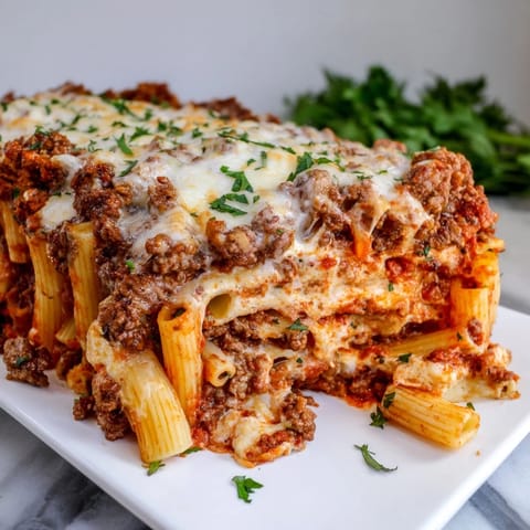 Homemade Baked Ziti with Meat Sauce: a close-up shows tender pasta layered with rich sauce and cheese.