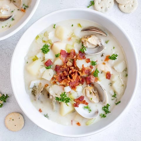 A steaming bowl of fresh New England Clam Chowder, thick and rich with tender clams.