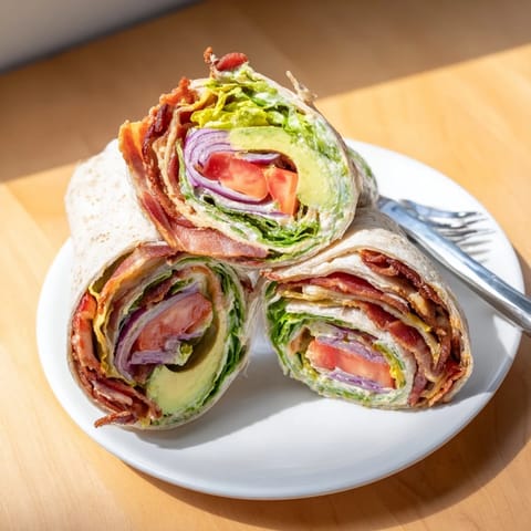 Imagine the vibrant layers of a zesty BLT wrap: bacon, tomato, and creamy chipotle mayo filling.
