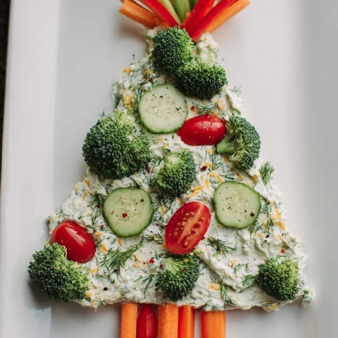 Creamy, green-hued Simplified Christmas Tree Dip glistens amidst a vibrant array of fresh vegetables perfect for dipping.