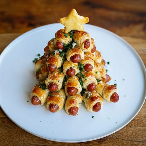 Flaky, warm, freshly baked Express Pigs in Blanket Christmas Tree, perfect for a cozy holiday appetizer.