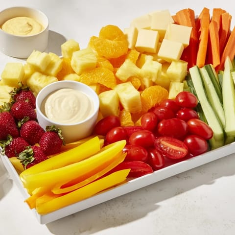 Sunshine Snack Tray overflowing with colorful fruits, veggies, cheeses, and dips!