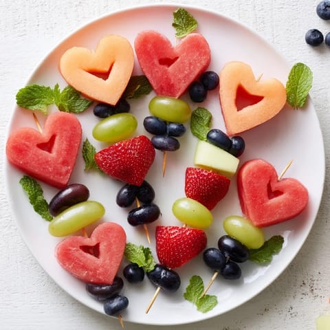 Freshly assembled Berry Good Heart Fruit Skewers, a colorful, healthy dessert, ready to delight at any gathering.