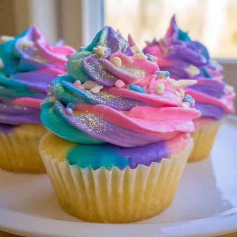 Vibrant overhead shot showcases a dazzling Magical Unicorn Dessert Table, a dreamy confectionary fantasy.