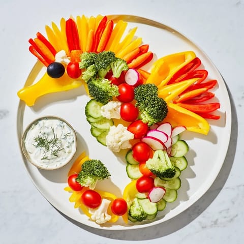 A whimsical Seahorse Veggie Dip Platter featuring bright peppers, carrots, and a creamy, cool dip on the side.