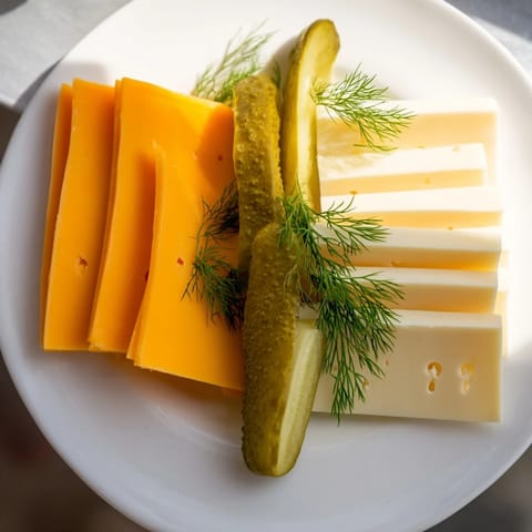 Savory dill pickles and sliced cheese mingle on this simple, delicious appetizer platter.