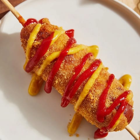 A close-up of delicious Korean-inspired corn dogs: the perfect, sweet and savory street food treat.