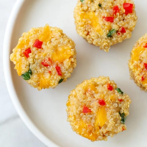 Mouthwatering close-up of cheesy Baked Cheddar Quinoa Bites, smelling of herbs, fresh from the oven.