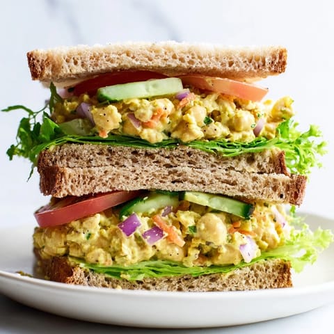 A close-up of a delicious and creamy Easy Chickpea Salad Sandwich, ready to eat with fresh ingredients.