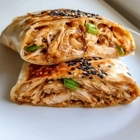 A close-up of a sizzling Korean BBQ Chicken Wrap Grilled Cheese, sesame seeds and scallions visible.