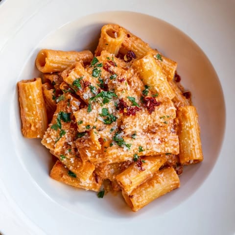 A vibrant close-up of Gigi Hadid-Style Spicy Rigatoni: garnished with fresh parsley and Parmesan cheese, ready to eat.