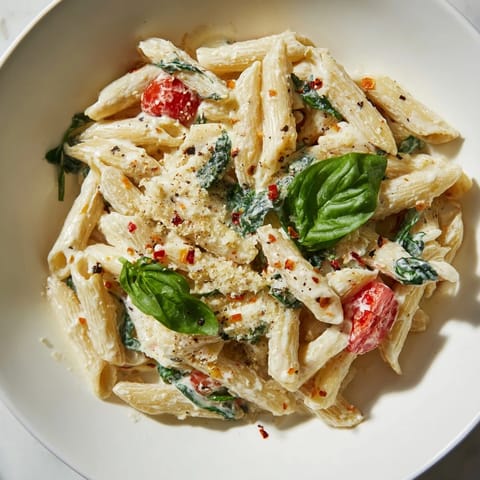 A steaming bowl of Cottage Cheese High-Protein Creamy Pasta, garnished and ready to eat.