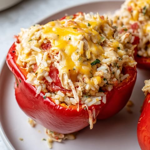 A close-up of cheesy Chicken Stuffed Peppers, showcasing the juicy filling and bright bell peppers.
