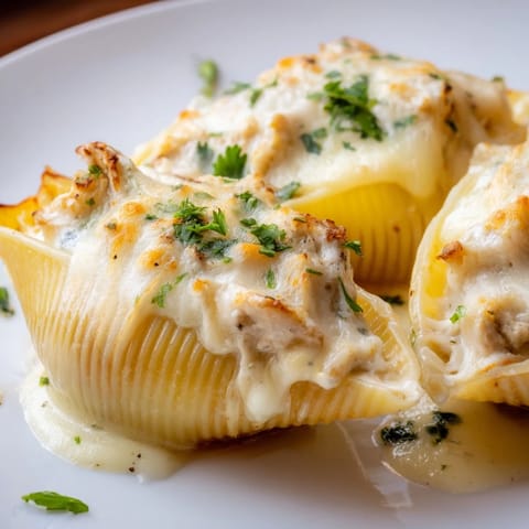 Close-up of Chicken Alfredo Stuffed Shells on a white plate, garnished with fresh parsley and served alongside garlic bread.  