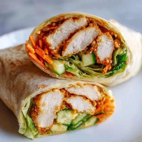 A close-up of a halved honey chili crunch chicken wrap, showing glossy sauce-coated chicken and fresh veggies with a side of iced tea.  